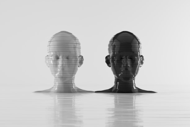 虚拟化身，数字角色，人工智能聊天机器人，水面上的两层机器人头图片下载