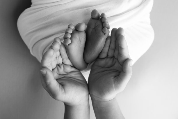 爸爸的手掌，妈妈都抱着刚出生的婴儿的脚。新生儿的脚放在父母的手掌上。工作室微距黑白照片的一个孩子的脚趾，脚跟和脚。图片下载