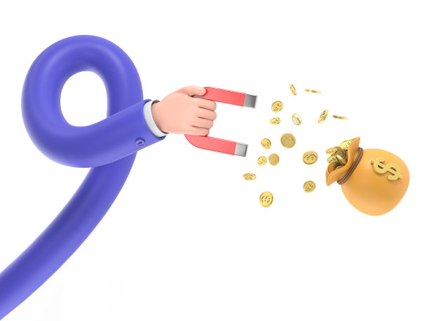 人的手拿着磁铁与钱袋和硬币。吸引力硬币的概念。金融隐喻，揭示了现金返还和赚钱的概念。长臂概念。图片下载