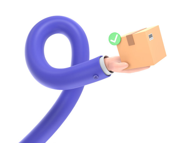 3D手握包裹与检查标记。用纸板箱交付订单。快速交付理念。由信使邮寄。卡通创意设计icon。长臂概念。图片下载