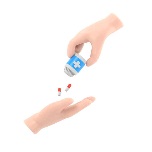 医生给病人服药。3D插画平面风格设计。手里拿着药瓶。医疗保健的概念。服用止痛药。白色背景的3D渲染。图片下载