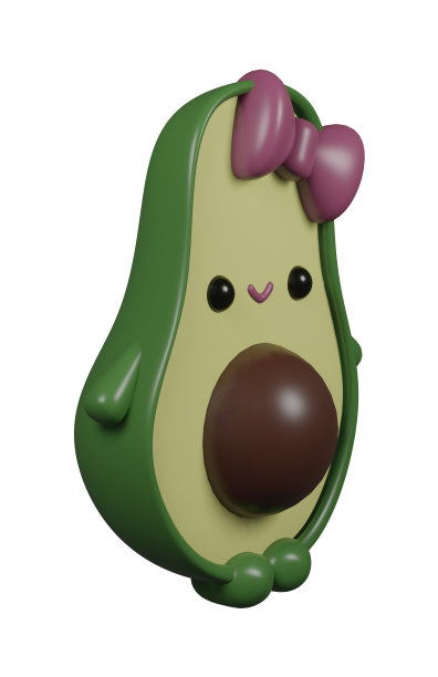 3D插图渲染绿色人物水果牛油果女孩与透明背景上的弓图片下载