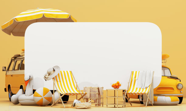 小型复古车，车顶上有行李，行李和沙滩设备，准备暑假，卡通概念的公路旅行，黄色背景上有椅子和雨伞，3d渲染插图图片下载