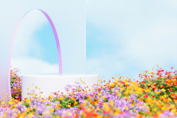 自然风光的讲台背景配上春暖花开的田野风光。3 d渲染。图片下载