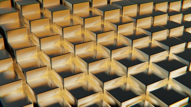 由几何网格中排列的立方体形成的复杂图案的详细视图，创造了视觉上引人注目的构图。三维渲染图片下载