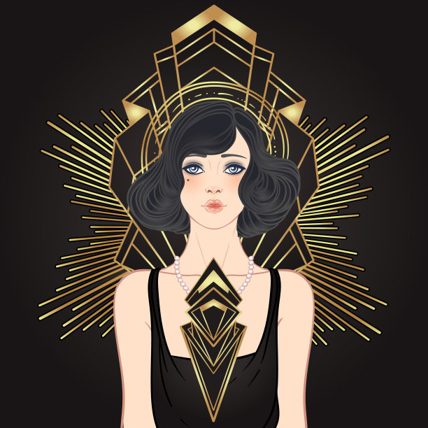 装饰艺术复古邀请模板设计与插图扑女孩的模式和框架。复古派对背景设置在20世纪20年代的风格。矢量魅力派对。图片下载