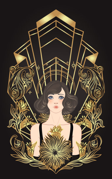 装饰艺术复古邀请模板设计与插图扑女孩的模式和框架。复古派对背景设置在20世纪20年代的风格。矢量魅力派对。图片下载