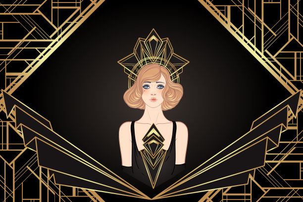 装饰艺术复古邀请模板设计与插图扑女孩的模式和框架。复古派对背景设置在20世纪20年代的风格。矢量魅力派对。图片下载