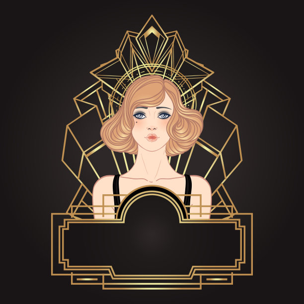 装饰艺术复古邀请模板设计与插图扑女孩的模式和框架。复古派对背景设置在20世纪20年代的风格。矢量魅力派对。图片下载