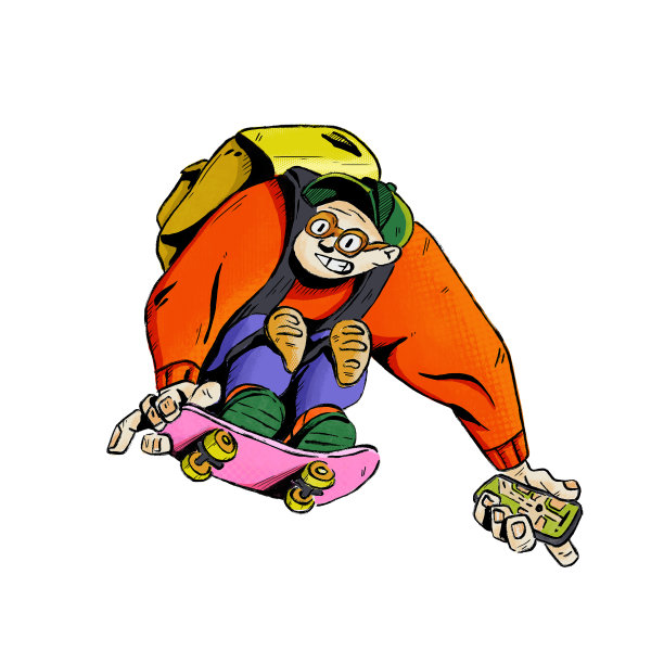 滑稽的快递员在滑板上跳向空中。图片下载