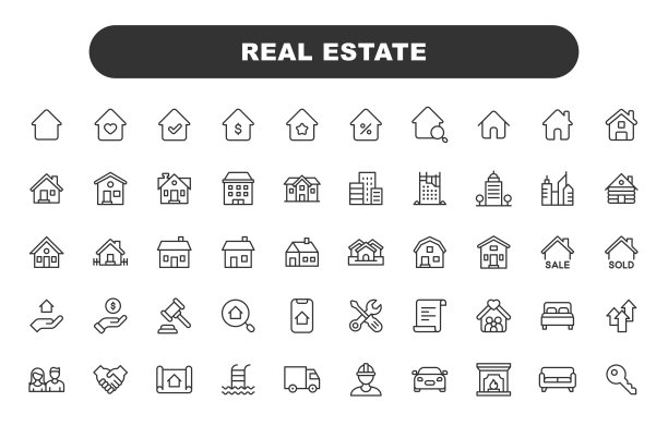 房地产线图标。可编辑的中风。包含这样的图标，如建筑，家庭，钥匙，抵押，建设，家庭，移动，家，房子。图片下载