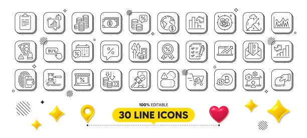 通货紧缩、调查清单和剪贴板线条图标包，适用于Web应用程序3D设计元素矢量素材图片下载