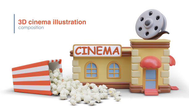 屋顶上有招牌的房子，还有一大袋爆米花图片下载