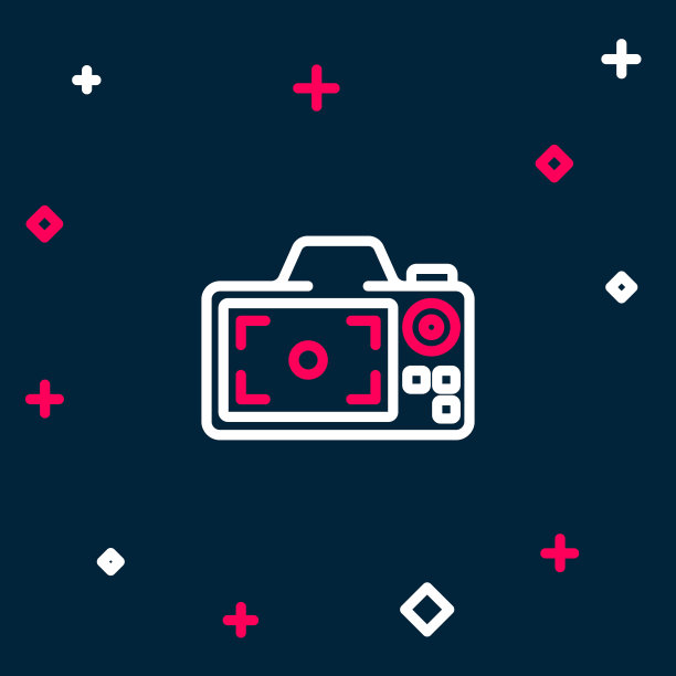 线照片相机图标孤立的蓝色背景。与相机。数码摄影。色彩缤纷的轮廓概念。向量图片下载