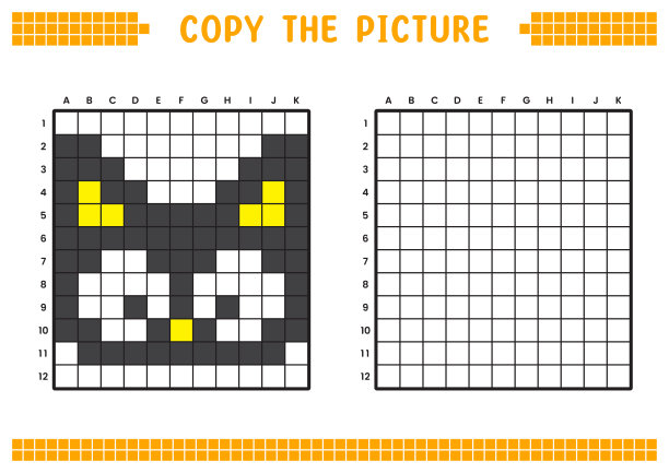 复制图片，完成网格图像。用正方形绘制的教育工作表，着色单元格区域。幼儿学前活动。卡通矢量，像素艺术。黑猫脸插图。图片下载