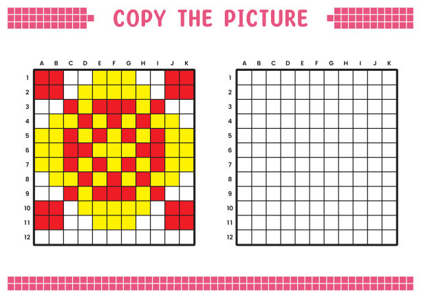 复制图片，完成网格图像。用正方形绘制的教育工作表，着色单元格区域。学前活动，儿童游戏。矢量插图，像素艺术。红黄色的花。图片下载
