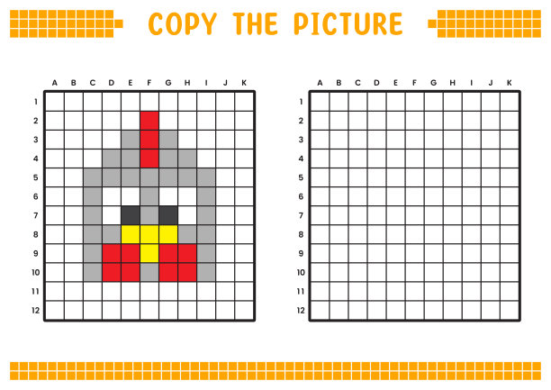 复制图片，完成网格图像。用正方形绘制的教育工作表，着色区域。学前活动，儿童游戏。卡通矢量插图，像素艺术。鸡的脸。图片下载
