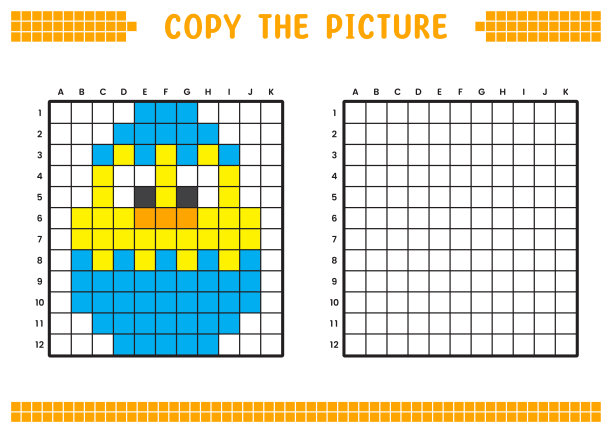 复制图片，完成网格图像。用正方形绘制的教育工作表，着色单元格区域。幼儿学前活动。卡通矢量，像素艺术。鸡蛋和小鸡插图。图片下载