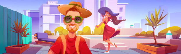 男人和女人在带游泳池的屋顶露台上图片下载