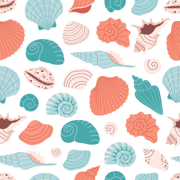 无缝图案的海贝壳，软体动物，海螺。热带海滩贝壳。夏季无缝花纹。矢量插图在平面风格图片下载