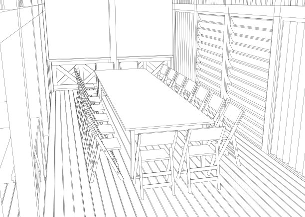 露台的轮廓。黑色轮廓线轮廓。等距视图。凉亭的轮廓，有长凳、桌子和屋顶。矢量插图。3 d。图片下载