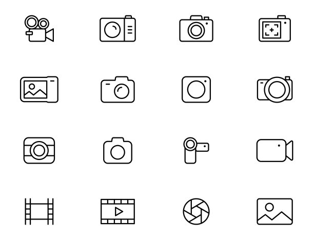 相机线条图标集。摄影图标。多媒体轮廓图标 - 照片和视频。设备图标。可编辑笔画。矢量图。图片下载