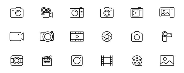 相机线条图标集。摄影图标。多媒体轮廓图标 - 照片和视频。设备图标。可编辑笔画。矢量图。图片下载