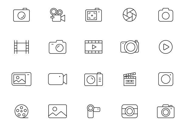 相机线条图标集。摄影图标。多媒体轮廓图标 - 照片和视频。设备图标。可编辑笔画。矢量图。图片下载
