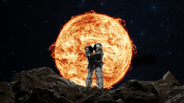 两名宇航员在岩石地形上拥抱，在他们身后巨大的、发光的太阳的映衬下显得很渺小。三维渲染图片下载