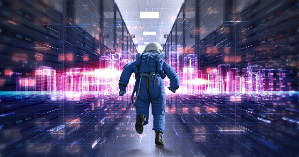 进入数字未知。宇航员在ai增强的服务器机房中奔跑图片下载