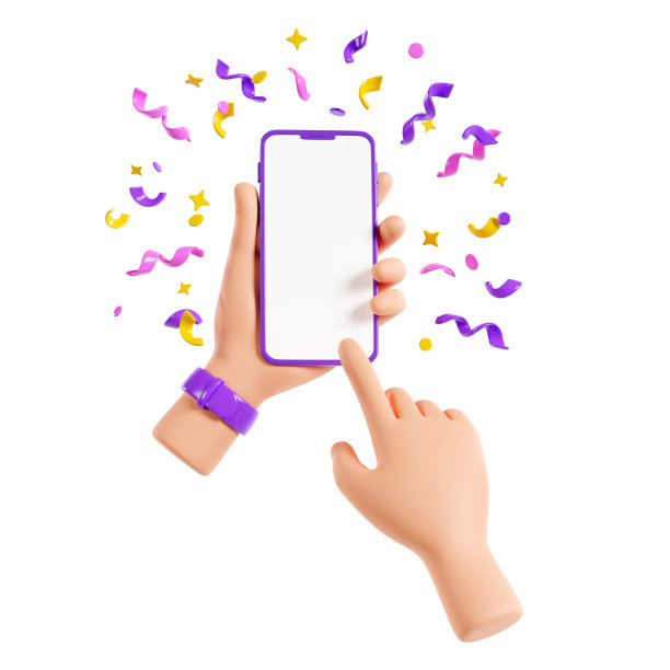 人类手持手机与五彩纸屑3d渲染。图片下载