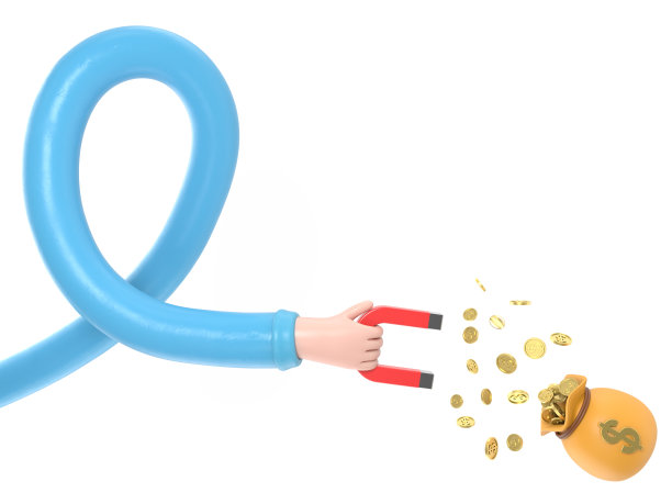 人的手拿着磁铁与钱袋和硬币。吸引力硬币的概念。金融隐喻，揭示了现金返还和赚钱的概念。长臂概念。图片下载