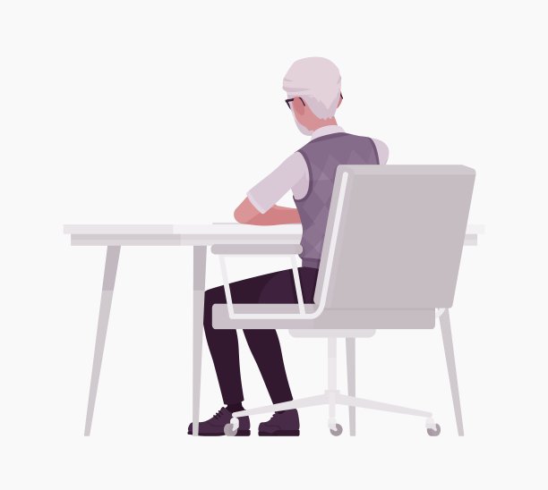 退休老人，坐在办公桌后面的老年工人图片下载