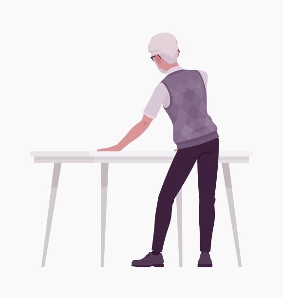 退休老人，站在办公桌后面的老年工人图片下载