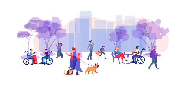 全景的城市夏季景观或小广场与一棵树。胖女孩在遛狗。不同的人在街上散步，坐在咖啡馆里聊天。矢量图图片下载