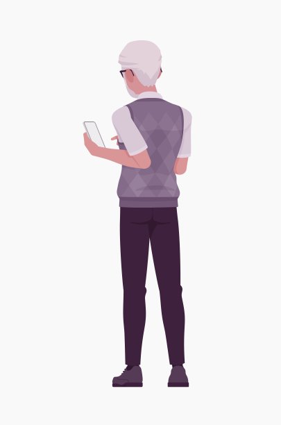 退休的活跃老人，老人拿着智能手机站在后面图片下载