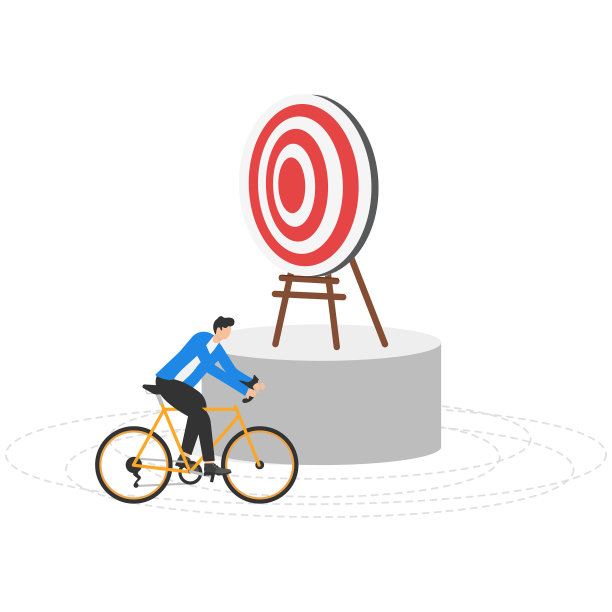 骑着自行车的商人绕着目标转。现代矢量插图在平面风格图片下载