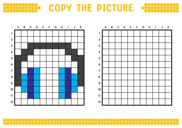 复制图片，完成网格图像。用正方形绘制的教育工作表，着色单元格区域。学前活动，儿童游戏。卡通矢量插图，像素艺术。耳机。图片下载
