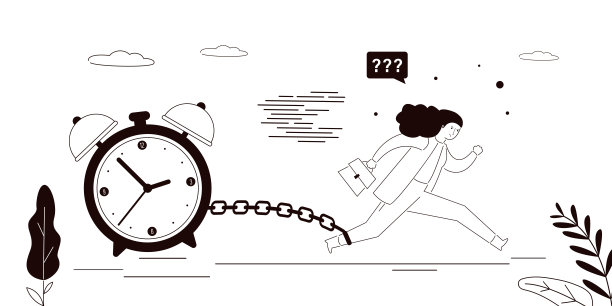 女商人腿上拴着铁链，跑着最后期限的钟。任务失败，无法执行。不开心的女员工。图片下载