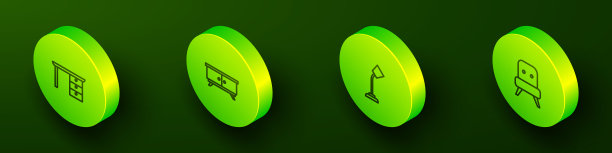 设置等距线办公桌，家具床头柜，台灯和扶手椅图标。向量图片下载