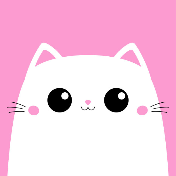 白猫头脸轮廓图标。可爱的卡通卡哇伊婴儿角色。粉红色的小鼻子，耳朵。大眼睛。宠物的动物。有趣的小猫。标签打印。平面设计。粉红色的背景。图片下载