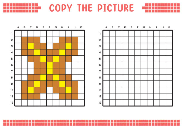 复制图片，完成网格图像。用正方形绘制的教育工作表，着色单元格区域。学前活动，儿童游戏。卡通矢量插图，像素艺术。字母X。图片下载