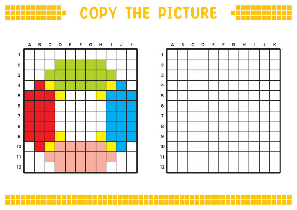 复制图片，完成网格图像。用正方形绘制的教育工作表，着色区域。学前活动，儿童游戏。卡通矢量插图，像素艺术。游泳浮标。图片下载