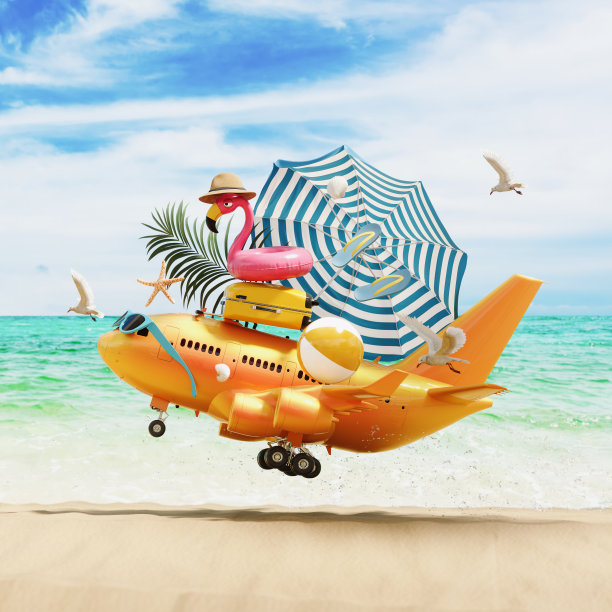 可爱的橙色飞机与行李和海滩配件降落在美丽的沙滩。有暑期旅游概念背景。图片下载