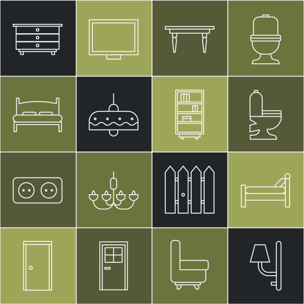 集线壁灯，床，马桶，木桌，吊灯，大床，抽屉柜和图书馆书架图标。向量图片下载