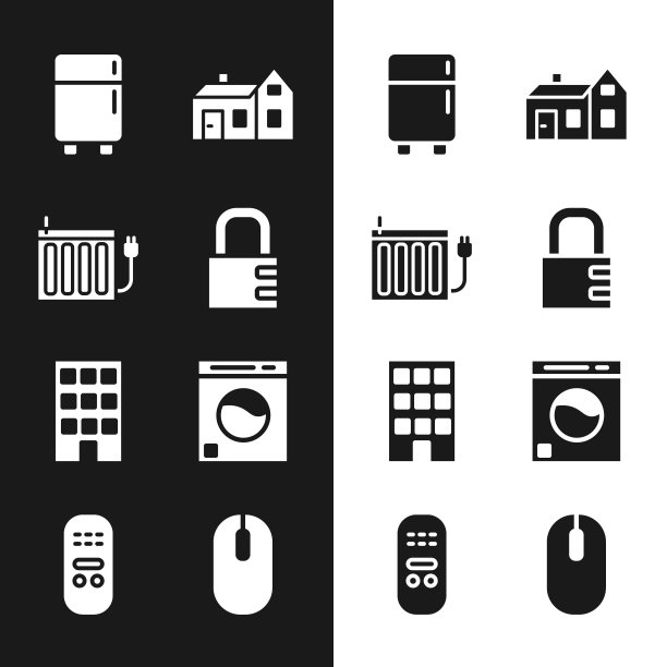 设置安全密码锁，暖气片，冰箱，房子，洗衣机，电脑鼠标和遥控器图标。向量图片下载