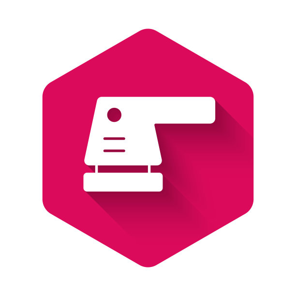 白色电动砂光机图标与长阴影背景隔离。轨道砂光机。用于地板和木板的打磨砂纸。粉红色六边形按钮。向量图片下载