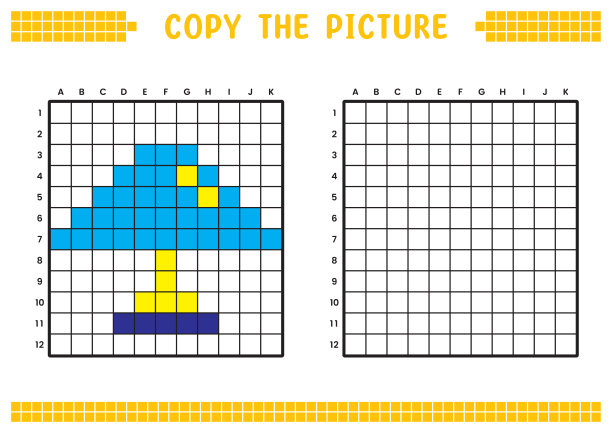 复制图片，完成网格图像。用正方形绘制的教育工作表，着色区域。学前活动，儿童游戏。卡通矢量插图，像素艺术。蓝色台灯。图片下载