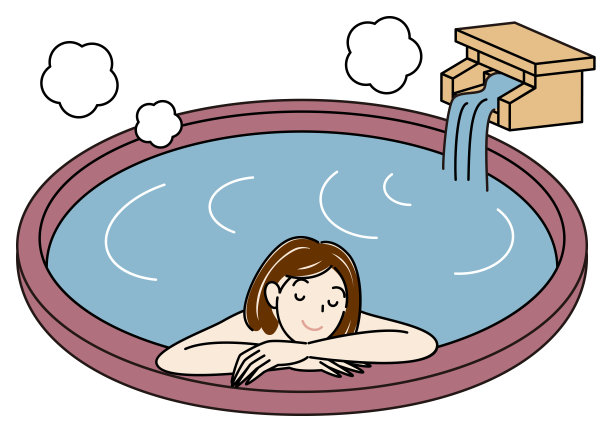 一个可爱的女人正在有天然温泉的露天浴池里愉快地洗澡。简单插图矢量图片下载
