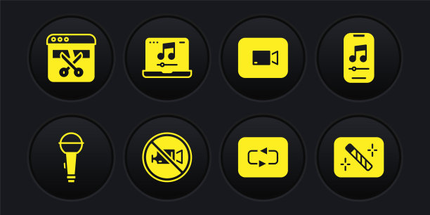 设置麦克风，音乐播放器，禁止无视频录制，重复按钮，播放，笔记本电脑与音乐，照片修饰和录像机编辑器图标。向量图片下载